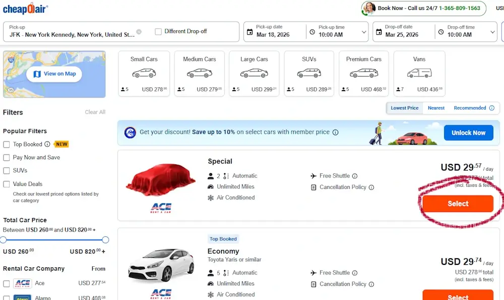 CheapOair car rental results with SELECT button highlighted