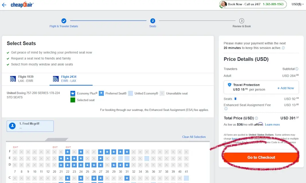 CheapOair seat selection page with Go To Checkout button highlighted