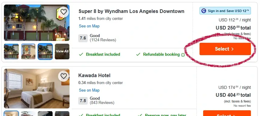 CheapOair hotel search results page showing a hotel listing with the orange Select button highlighted