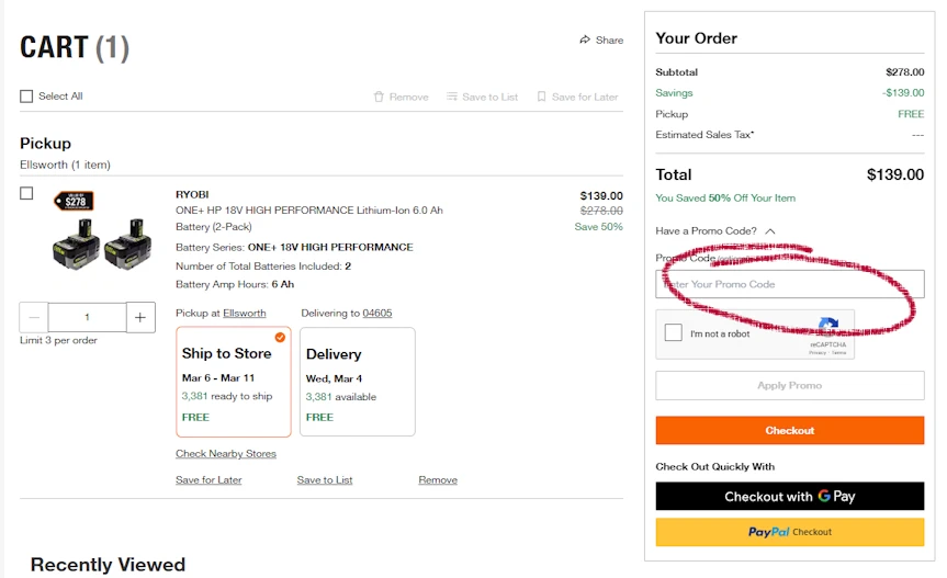 home-depot-4-d Home Depot desktop cart showing promo code input field and Apply button.