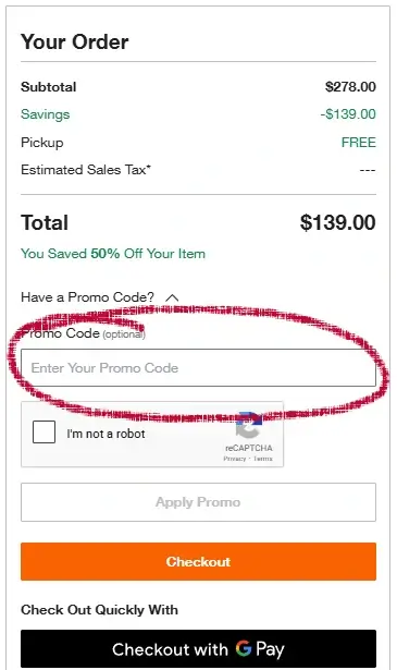 Home Depot mobile cart showing promo code input field and Apply button.