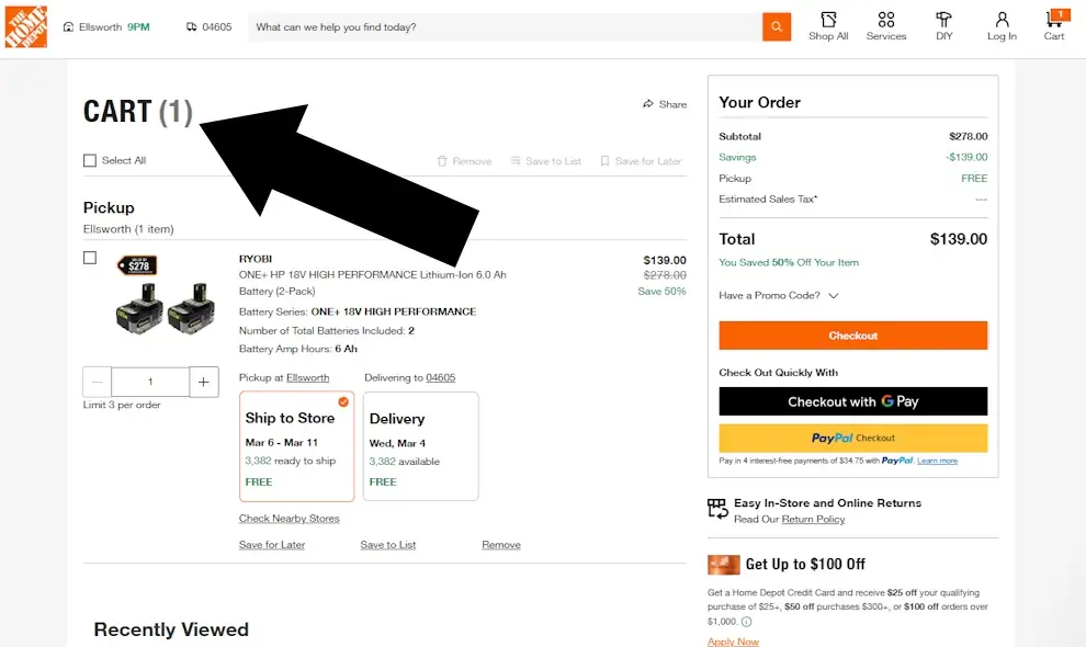 Home Depot cart page showing item summary before entering promo code.