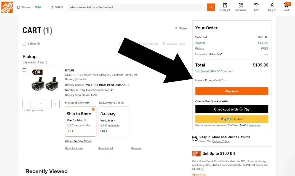 homedepot-3 Home Depot desktop cart showing the “Have a promo code?” link under the subtotal.