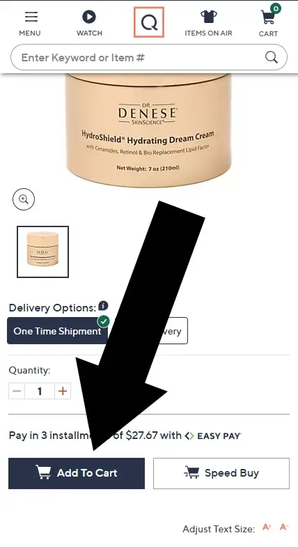 qvc-1-mobile QVC product page screenshot with an arrow pointing to the Add to Cart button.