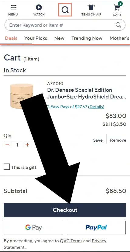qvc-2-mobile QVC shopping cart page with an arrow pointing to the Checkout button.