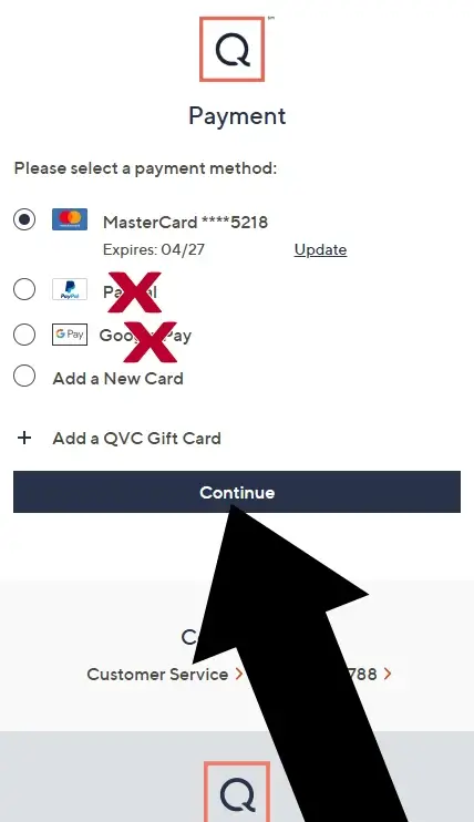 qvc-4-mobile QVC checkout form with an arrow pointing to the Continue button