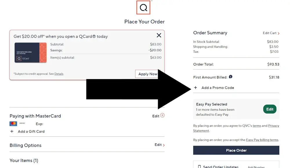qvc-5-desktop QVC desktop Order Review page with the promo code field highlighted.