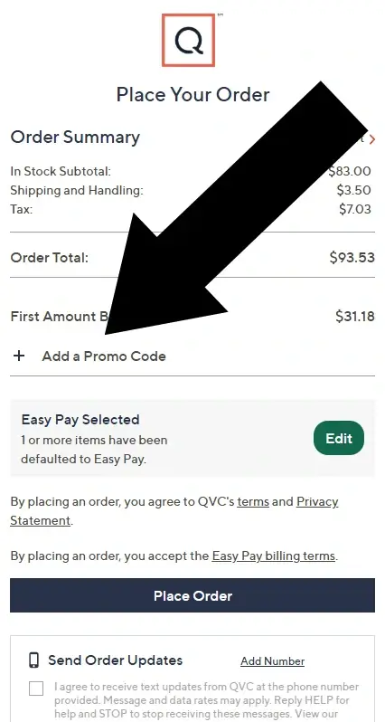 qvc-5-mobile QVC mobile Order Review page showing the promo code field near the order total