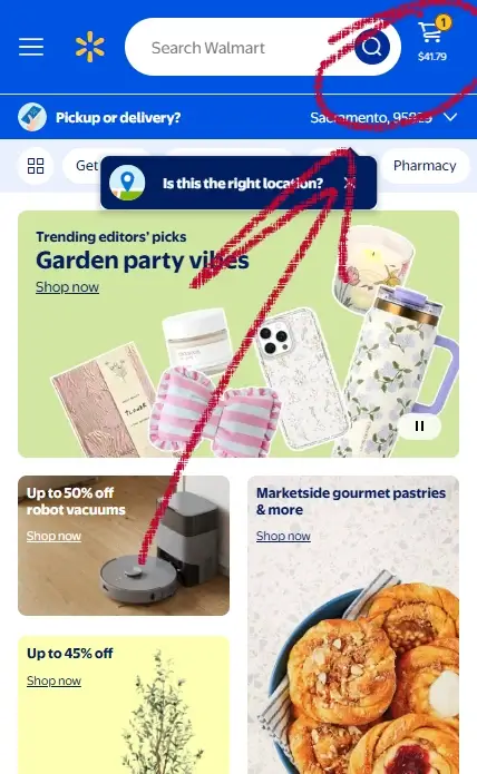 Walmart mobile homepage showing shopping cart icon in top-right corner