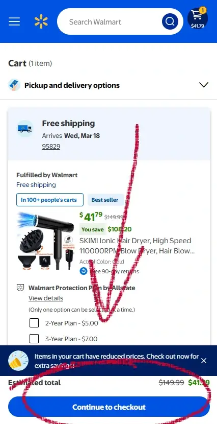 Walmart cart page with blue Continue to Checkout button highlighted at bottom of screen