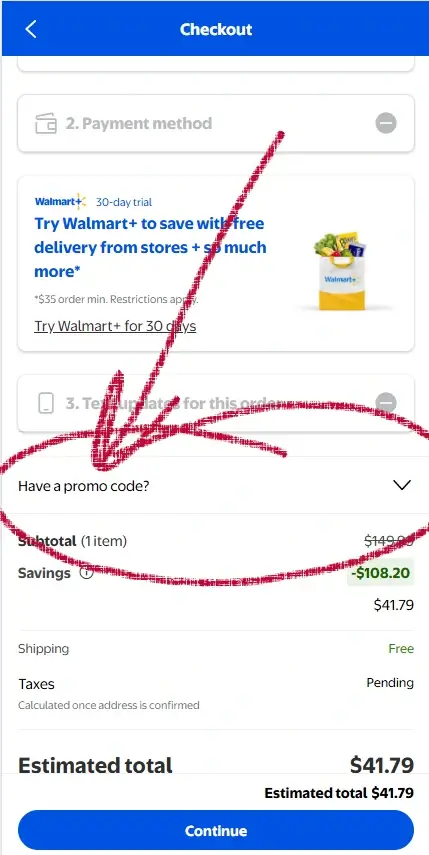 Walmart Review Order page showing Have a Promo Code link beneath order total