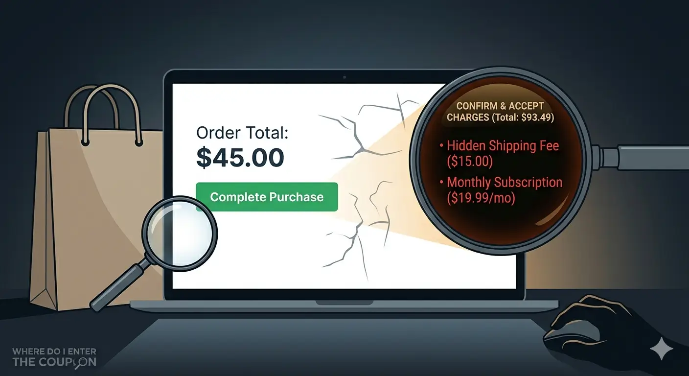 dark patterns Illustration of dark checkout patterns and hidden fees on an e-commerce site, showing how deceptive web design masks additional charges from consumers.
