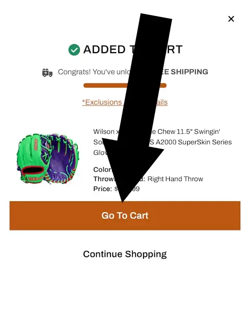 Mobile cart panel showing Go to Cart button highlighted with an arrow.