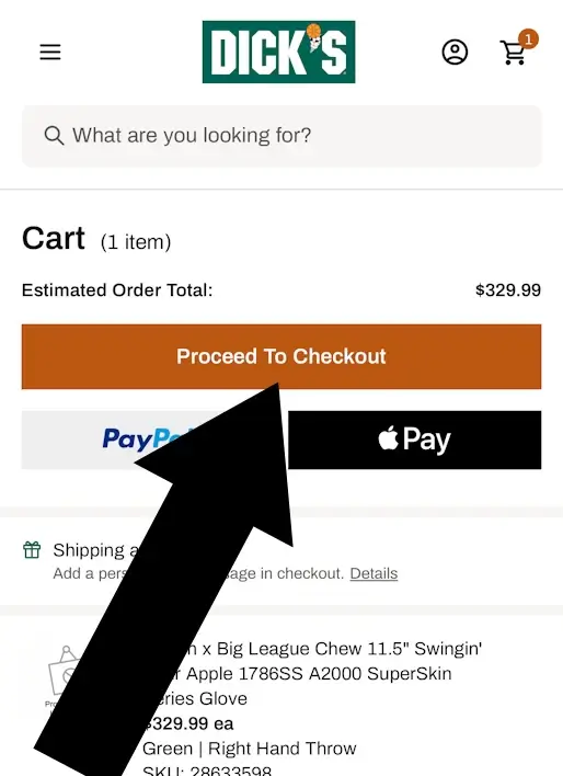 dicks-mobile-3 Checkout page with Proceed to Checkout button highlighted.