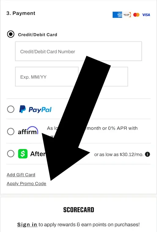 dickssportinggoods-step-4 Payment page showing Apply Promo Code link highlighted with an arrow.