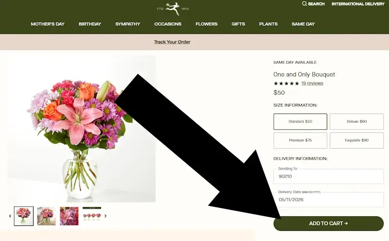 ftd-desktop-1 FTD product page showing the Add to Cart button highlighted.