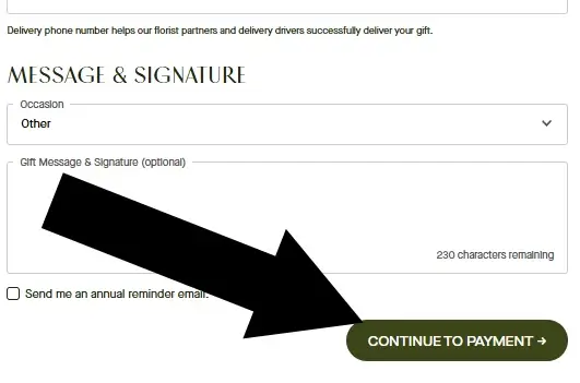 FTD delivery information form before continuing to payment.