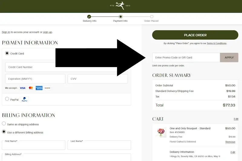 FTD payment page showing where discounts and promo code links appear.