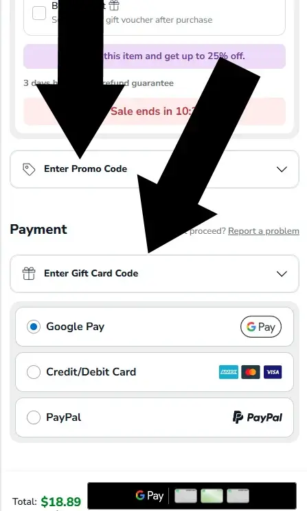 Groupon shopping cart showing the promo code and gift card entry field below the order subtotal