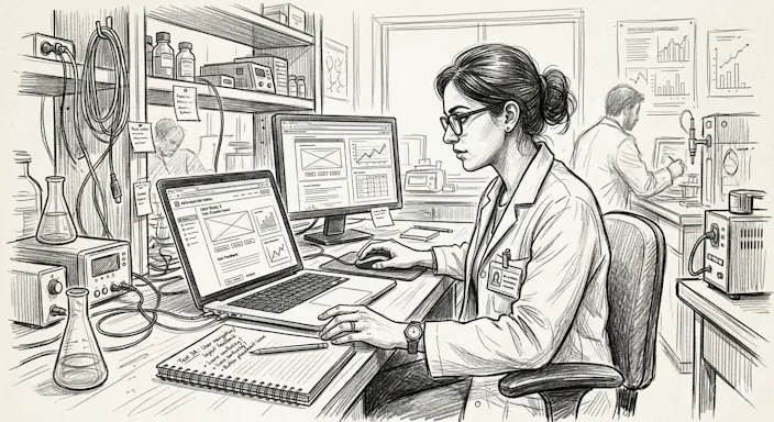 how-we-test a scientist sits at a computer screen with a notebook by their side