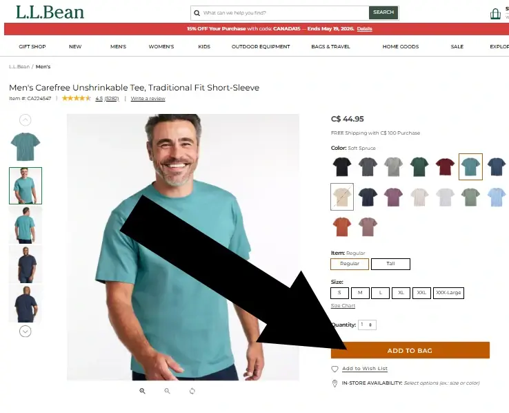 llbean-1 LLBean product page with Add to Bag button highlighted