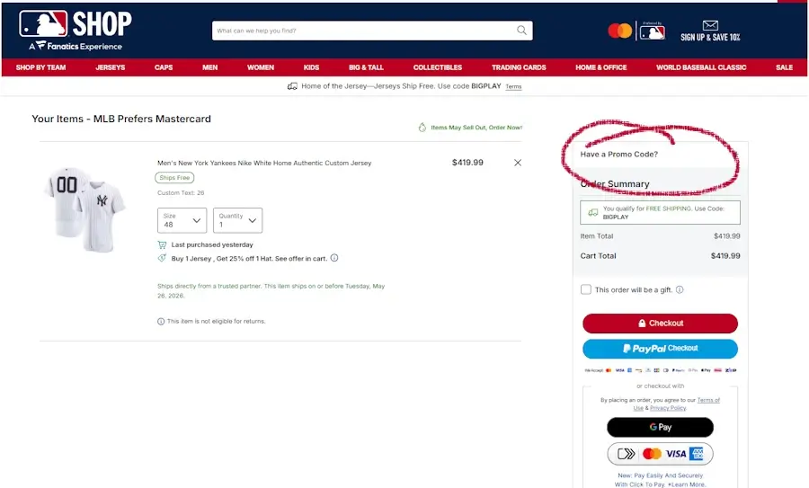 Screenshot of MLB Shop cart page showing promo code section during New York Yankees jersey checkout.