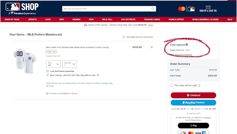 mlb-desktop-3 Screenshot of MLB Shop cart page with BIGPLAY promo code successfully applied to Yankees jersey order.