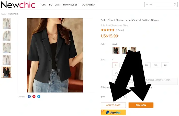 Add to Bag and Buy Now buttons highlighted on a Newchic product page
