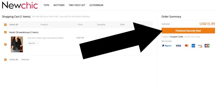 newchic-3 Newchic cart page with checkout button highlighted