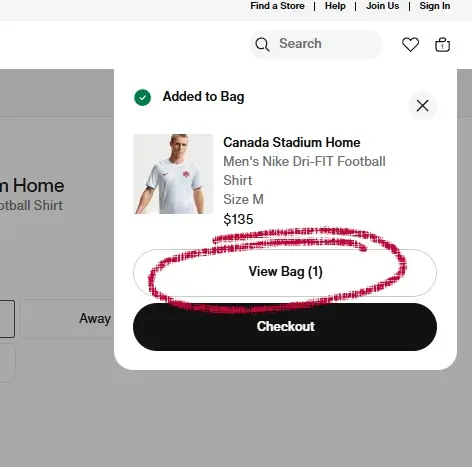 nike-2 (1) Nike Canada Stadium Home jersey added to bag with View Bag button highlighted