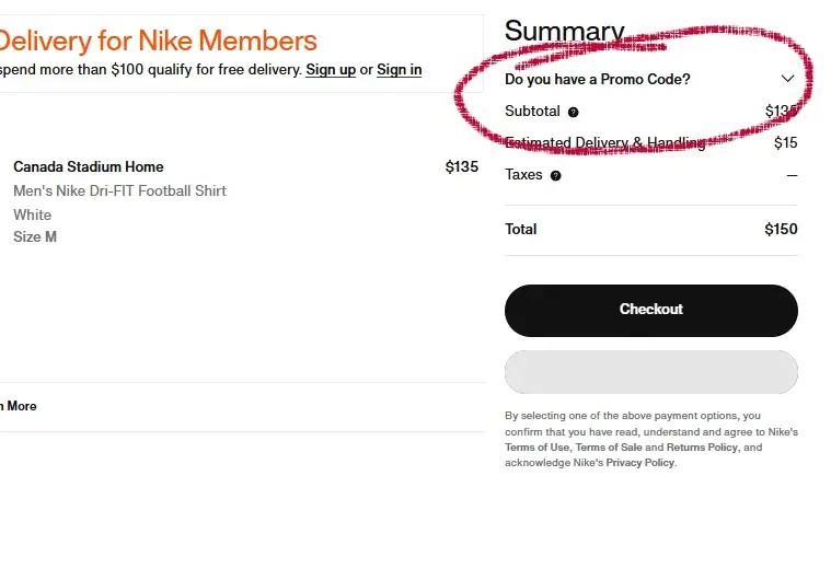 nike-3 (1) Nike checkout page showing promo code dropdown in order summary section