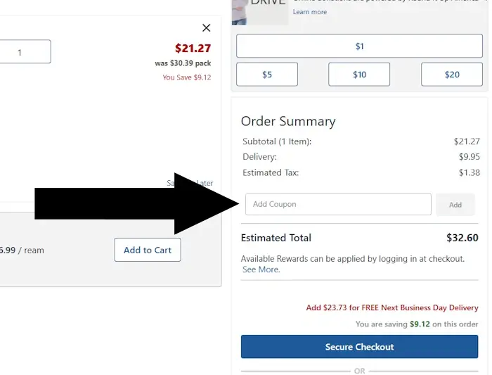 office-depot-3 A black arrow highlighting the "Add Coupon" input field in the Office Depot Order Summary section, located above the "Secure Checkout" button.