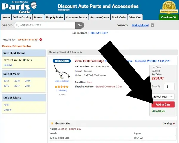 partsgeek-2 Parts Geek product page showing a Genuine brand fuel tank vent valve for a 2015-2018 Ford Edge, with a black arrow pointing to the red "Add to Cart" button.
