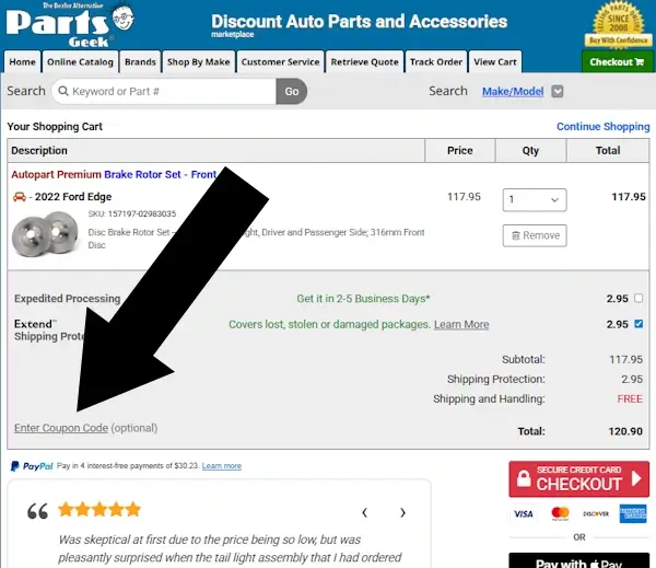 partsgeek-3 Parts Geek shopping cart page displaying an Autopart Premium front brake rotor set for a 2022 Ford Edge, with a black arrow pointing to the "Enter Coupon Code" link.