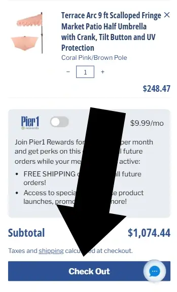 pier-1-1-mobile Pier1 check out button visible after adding a product to the Shopping cart