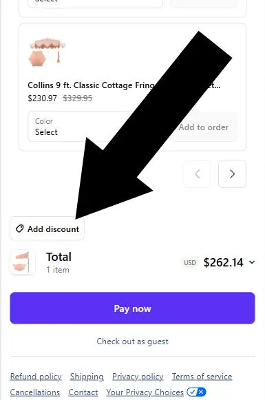 pier-1-mobile Arrow pointing to the Add Discount link on the Pier1 cart page.
