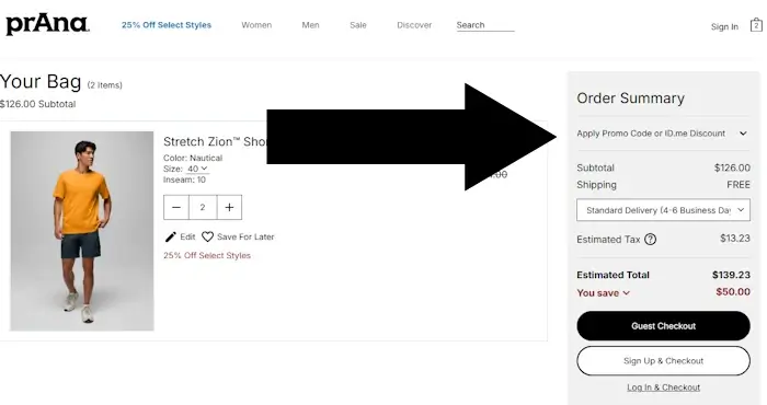 prana-bag on the prAna webpage titled your bag, the coupon link is highlighted underneath order summary