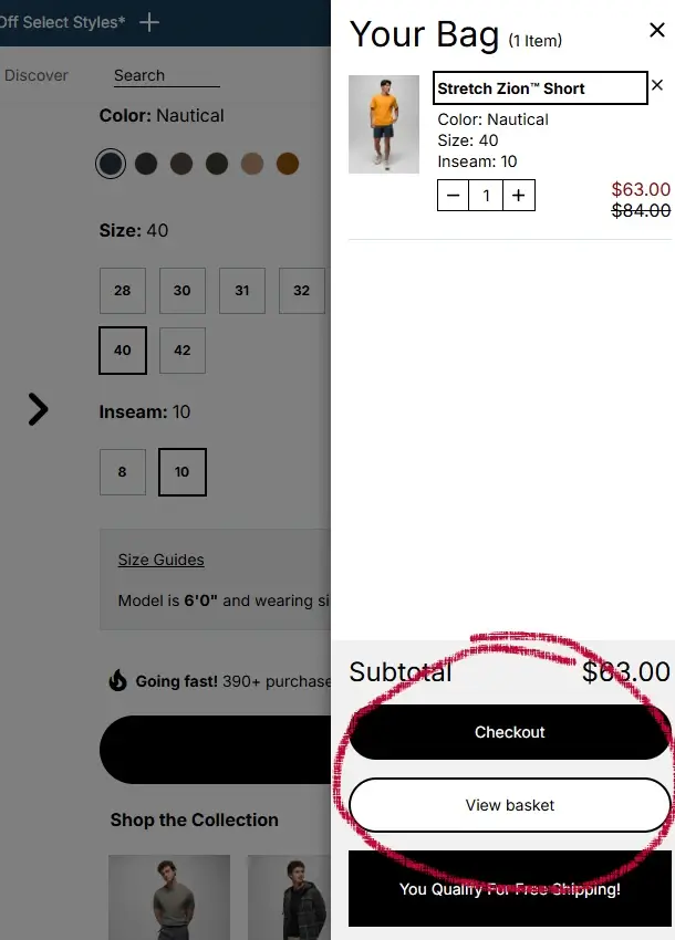 prana-choice A screenshot of prAna.com where with checkout and view basket buttons highlighted