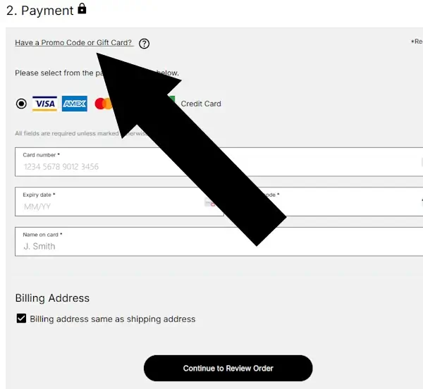 prana-pay A black arrow points to a link on the prAna payment page with the text "Have a promo code or gift card"