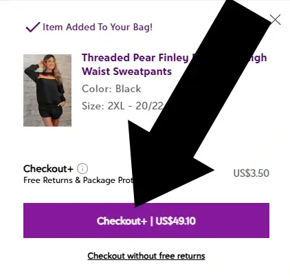 zulily-2 On the Zulily mobile checkout popup, an arrow points to the Checkout button.