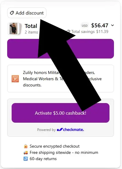 zulily-3 Zulily checkout page with ADD DISCOUNT link highlighted